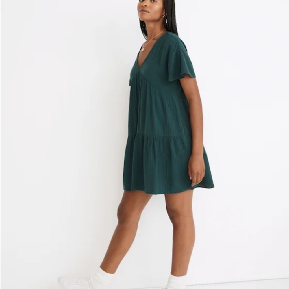Madewell Lightspun Tiered Relaxed oversized Fit Cotton Mini Dress XS Spruce